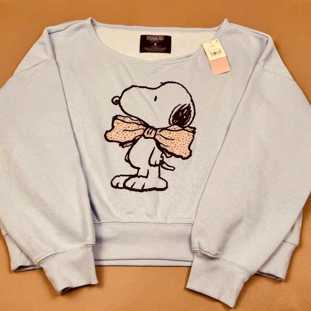 Peanuts Snoopy Rhinestone Bow Sweatshirt Light Blue Scoop Neck Pullover Medium